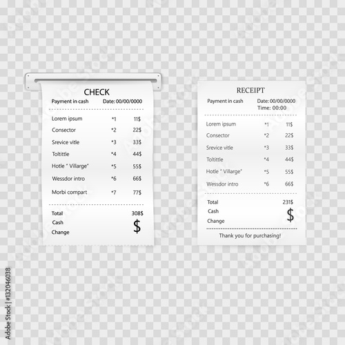 Set Paper checks, reciepts and financial-check isolated. A receipt records the sale of goods or provision of a service.