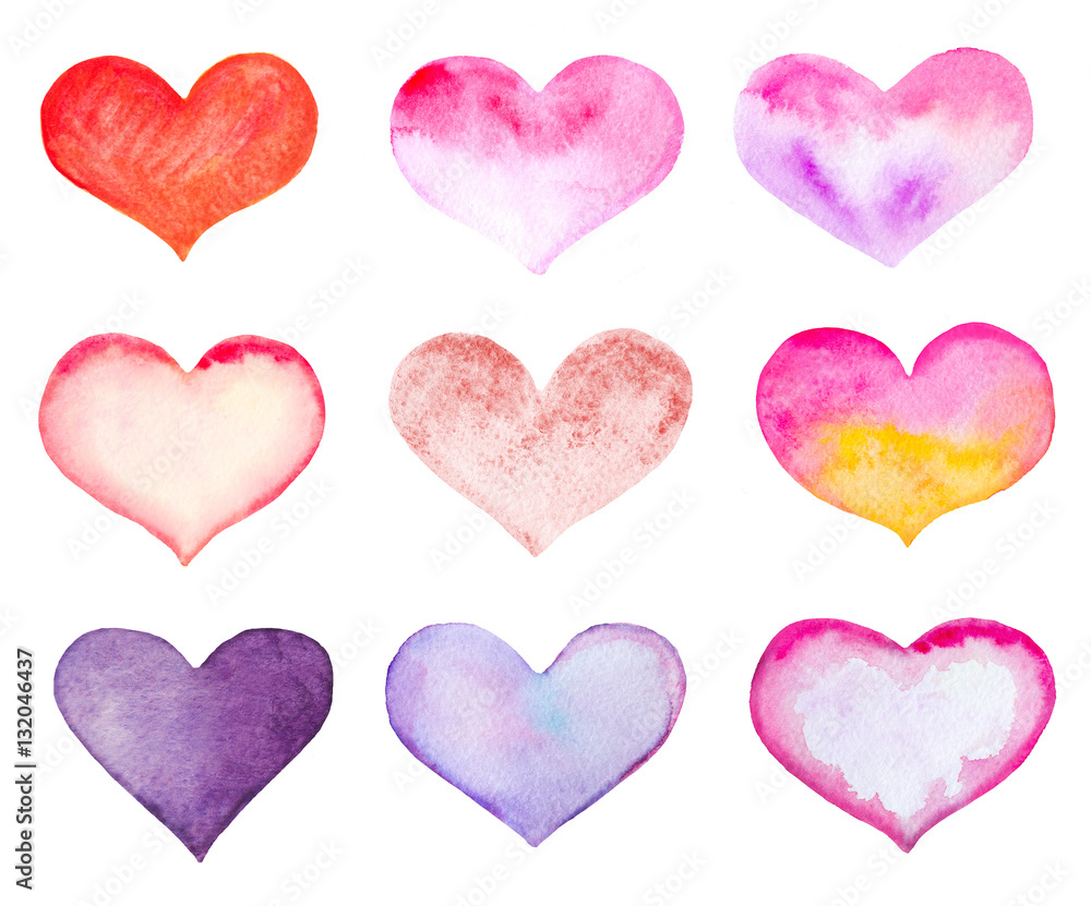 set of watercolor hearts isolated on white.