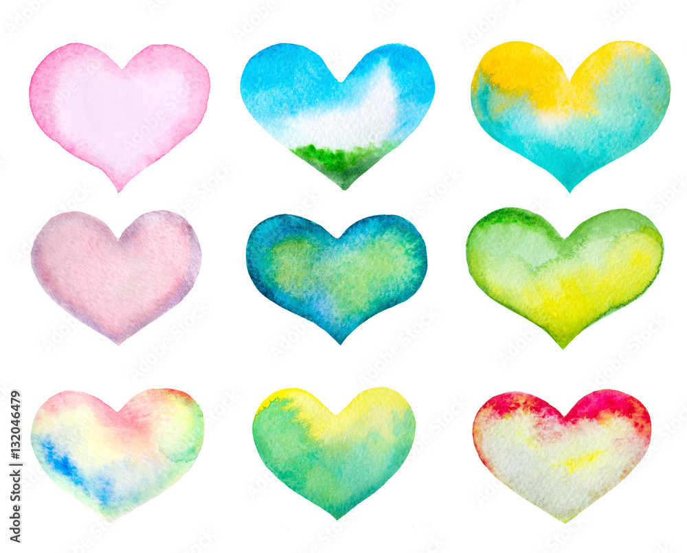 set of watercolor multi color hearts isolated on white