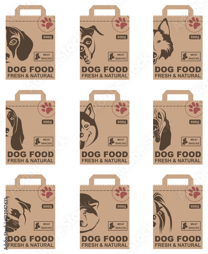 collection of various food packages with dogs heads