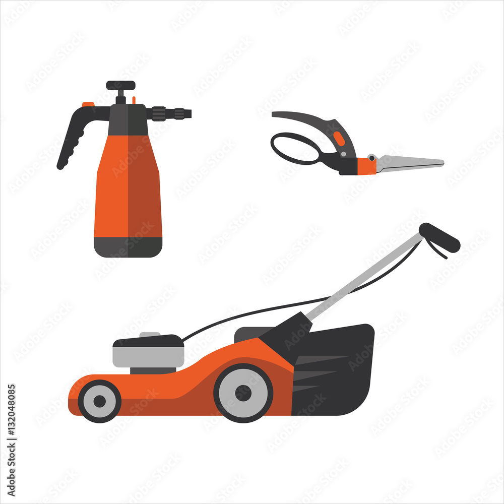 Fototapeta premium Watering sprayer and garden secateurs vector isolated on white.