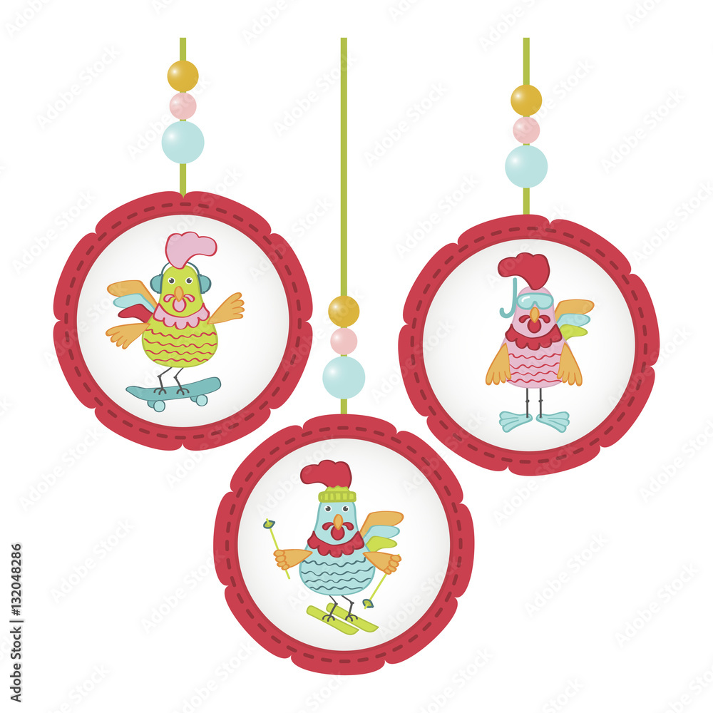 Fototapeta premium Cute cartoon rooster character illustration. Calendar template for creating a calendar with funny cocks. Symbol of 2017 red rooster Chinese New Year