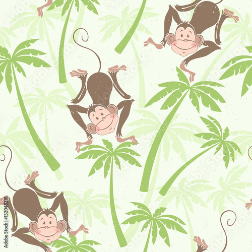 Seamless pattern with cute monkeys on the palms. Kids  cartoon background.