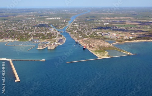 aerial view of the Welland Canal West entrance during Spring, Ontario Canada 