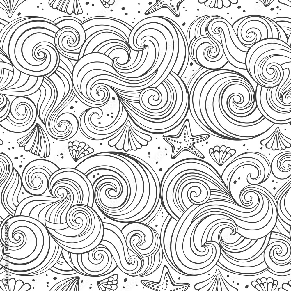 Vector seamless pattern with waves and shells. Black and white hand-drawn illustration.