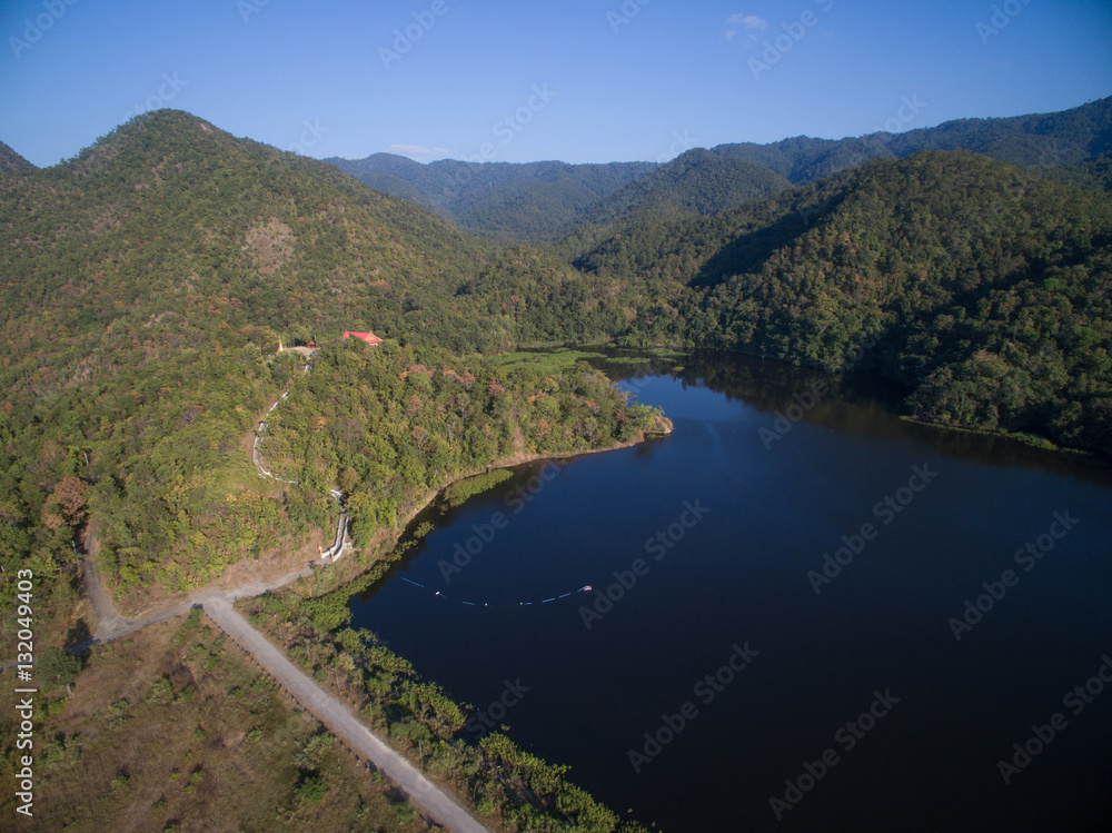 Forest and reservoir in top view, Lampang, northern Thailand