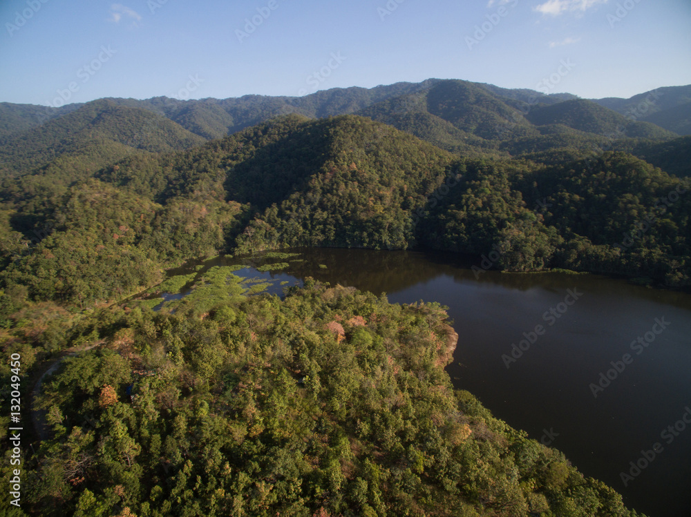 Forest and reservoir in top view, Lampang, northern Thailand