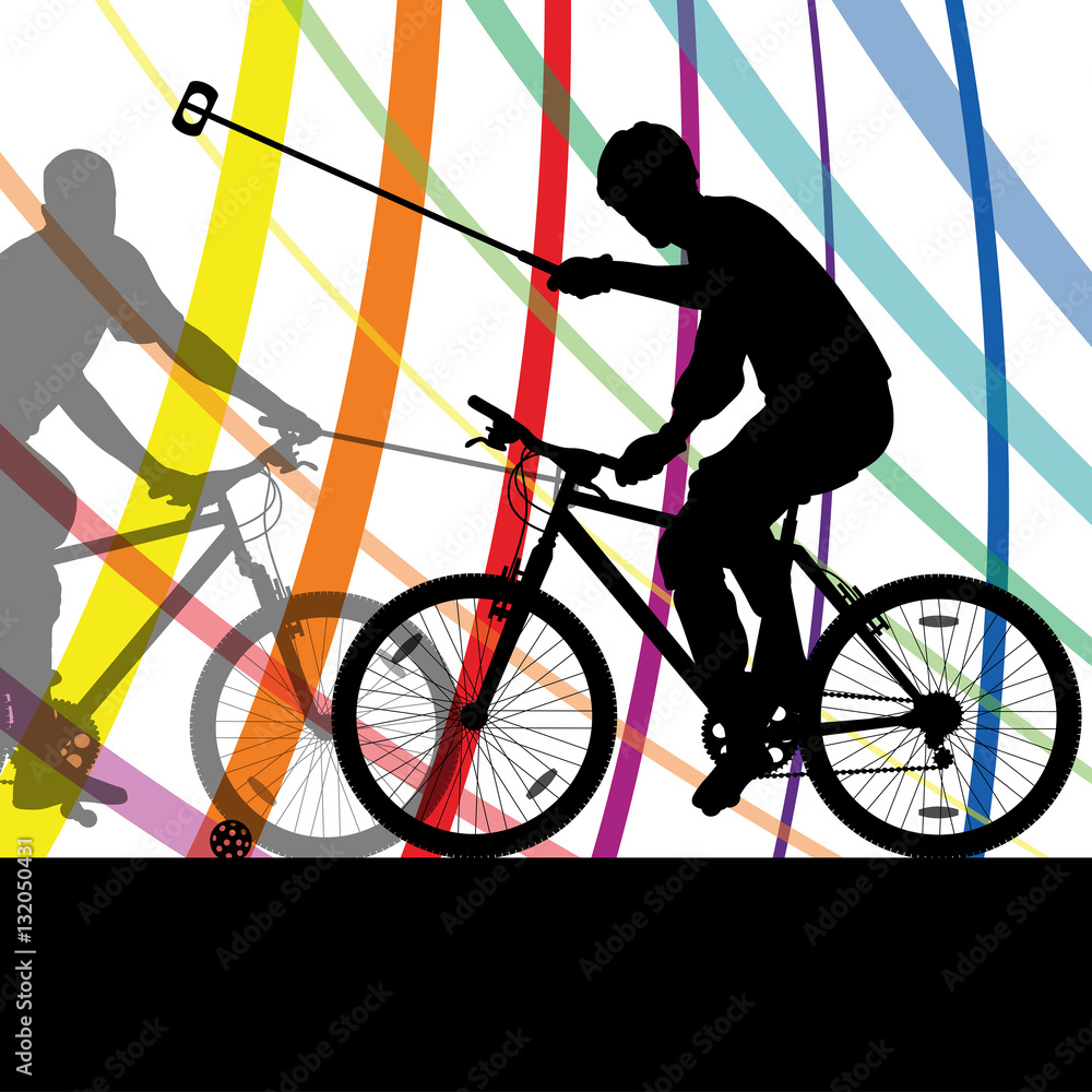 Fototapeta premium Bicycle polo players active men cyclists riders in abstract land