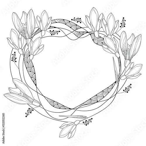 Vector round frame with ornate outline Snowdrop flowers or Galanthus isolated on white background. Floral elements for spring design and coloring book. Traditional spring flower in contour style.