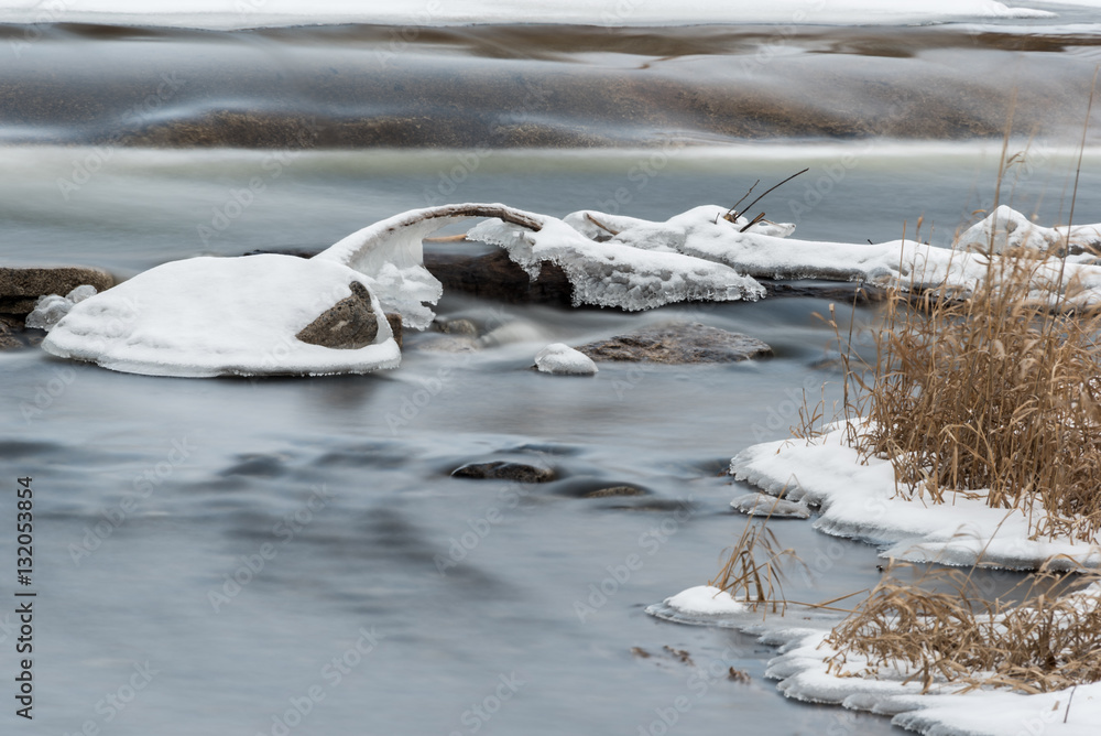 Blurred water moving in river in winter