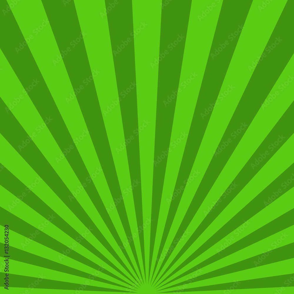 Green sunbeams background. Vector illustration.