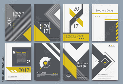 Abstract composition. White a4 brochure cover design. Info banner frame. Text font. Title sheet model set. Modern vector front page. Brand logo texture. Yellow color figures image icon. Ad flyer fiber