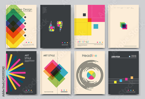 Abstract composition. White, black a4 brochure cover design. Info banner frame. Text font. Title sheet model set. Modern vector front page. Brand logo texture. Color figures image icon. Ad flyer fiber