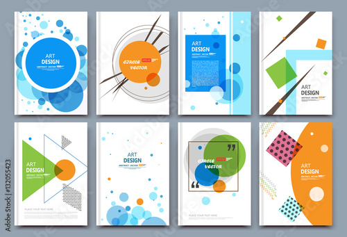 Abstract composition. White a4 brochure cover design. Info banner frame. Patch text font. Title sheet model set. Modern vector front page. Brand logo texture. Colored figure image icon. Ad flyer fiber