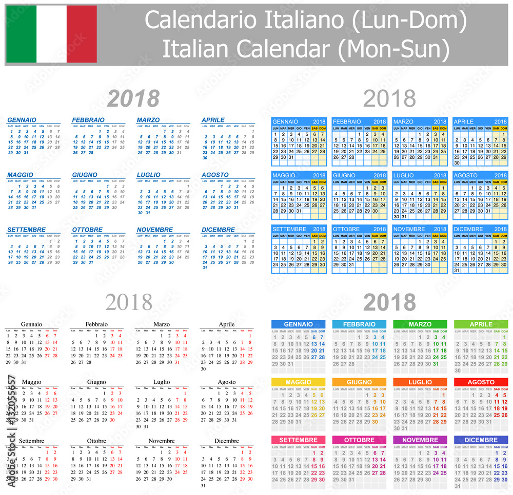 2018 Italian Mix Calendar Mon-Sun on white background 2018 Italian Mix Calendar Mon-Sun on white background