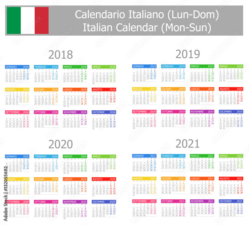 2018-2021 Italian Type-1 Calendar Mon-Sun on white background