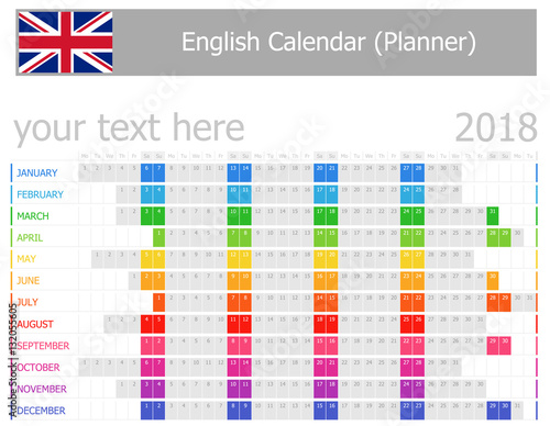 2018 English Planner Calendar with Horizontal Months on white background