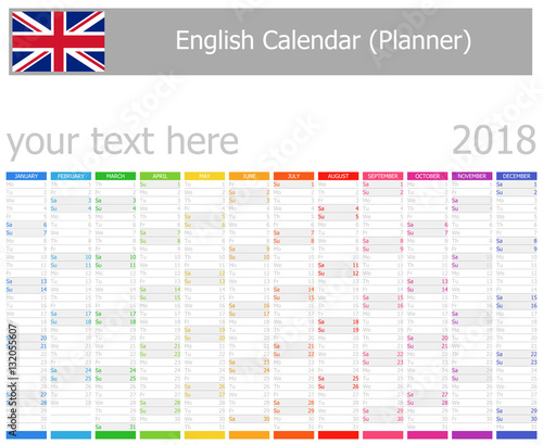 2018 English Planner Calendar with Vertical Months on white background