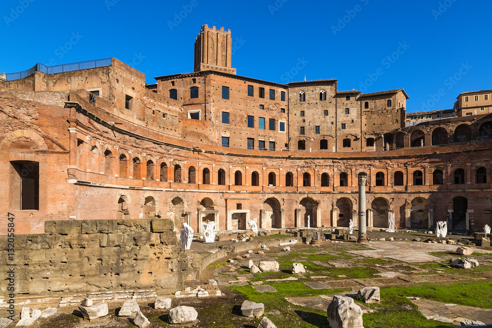 Rome, Italy. Trajan Market ruins, 100 - 112 years BC. In the background - Tower of the Militia (around 1200)