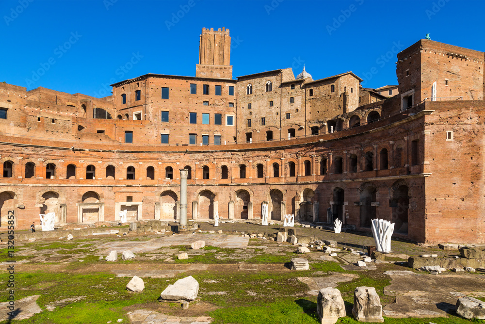 Rome, Italy. Trajan's Market, 100 - 112 years BC. In the background -  Tower of the Militia (around 1200)