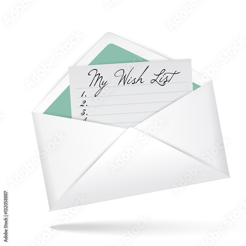 Open envelope with my wish list words. White background. Vector
