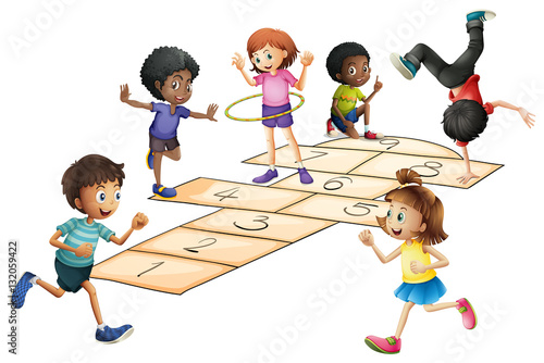 Kids playing hopscotch in the field
