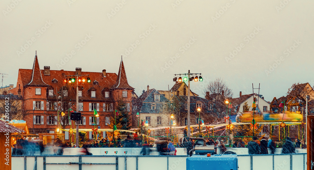 Ice rink in Colmar. Winter leisure and sport.