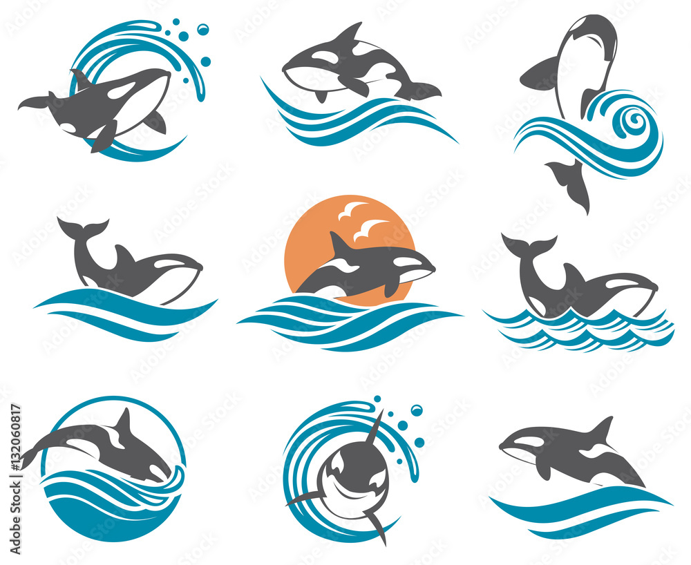 Obraz premium kolekcja z abstrakcyjnymi symbolami fal wielorybów i morza