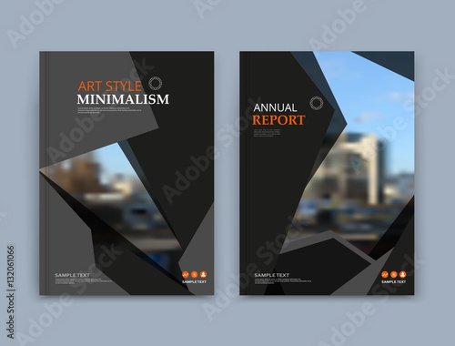 Abstract a4 brochure cover design. Text frame surface. Urban city view image font. Title sheet model set. Black vector front page. Brand logo. Info banner texture. Modern figure icon. Ad flyer fiber