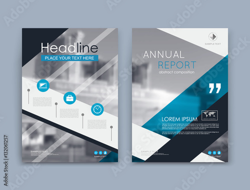 Abstract a4 brochure cover design. Text frame surface. Urban city view font. Title sheet model set. Modern vector front page. Brand logo. Firm banner texture. Blue triangle figure icon. Ad flyer fiber