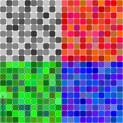 Seamless texture made of squares and painted in four versions. Random shades of red  blue  green and black and white.