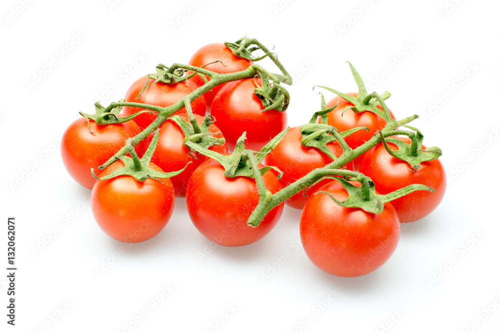 Fresh cherry tomatoes on the vine on a white background Fresh cherry tomatoes on the vine on a white background