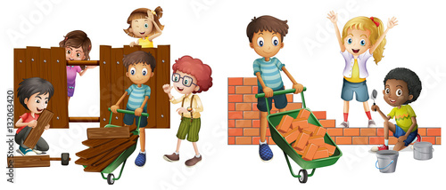 Children building brick wall and wooden fence
