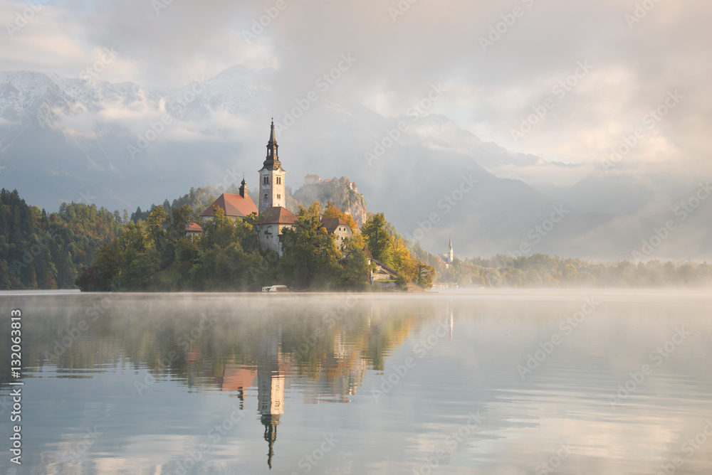 Bled Lake on a beautiful foggy morning