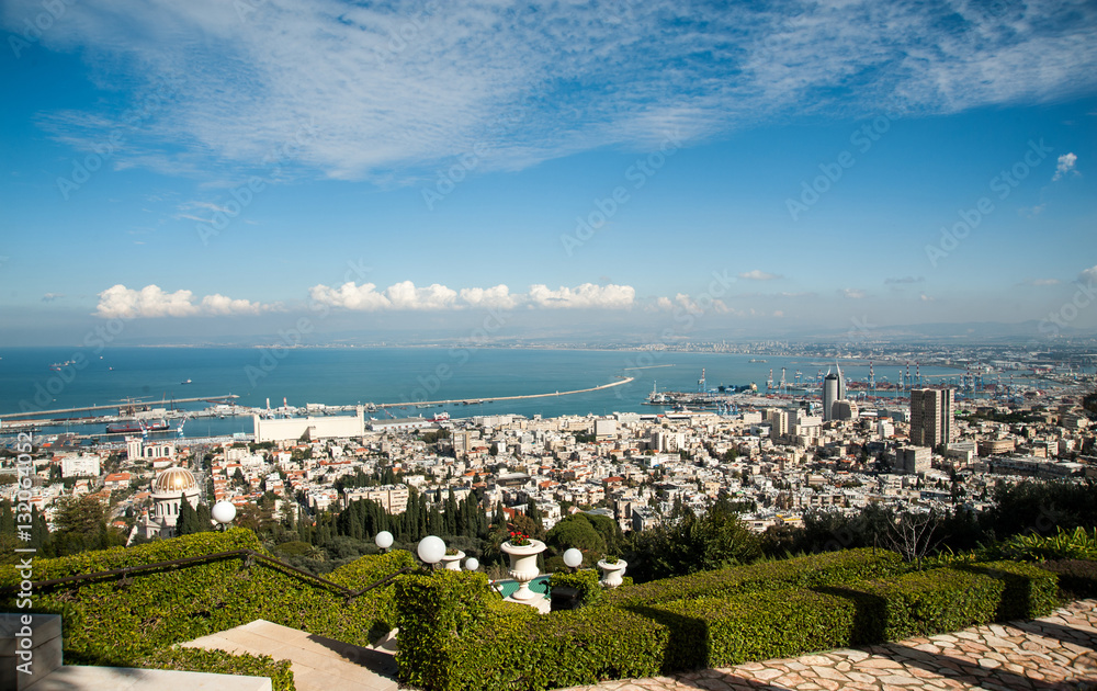 Beautiful panoramic view from Mount Carmel to cityscape and port in Haifa, Israel.
