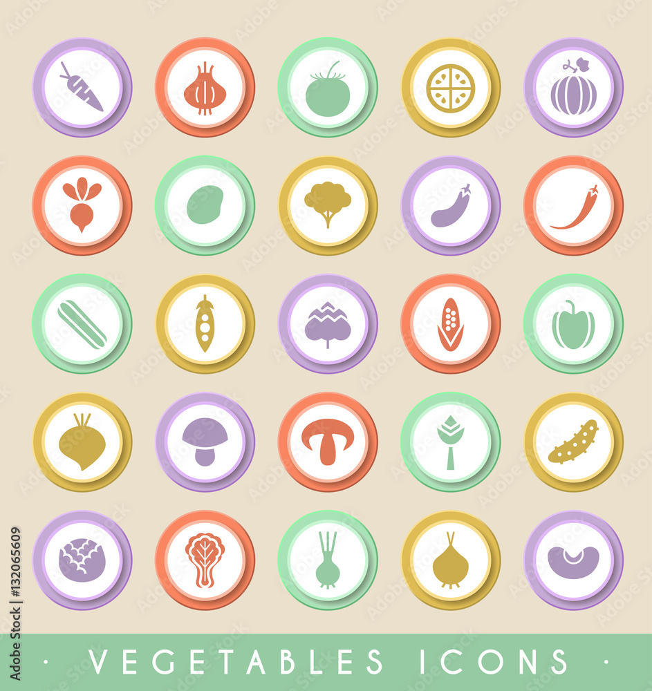 Set of 25 Vegetables Icons on Circular Colored Buttons. Vector Isolated Elements. Set of 25 Vegetables Icons on Circular Colored Buttons. Vector Isolated Elements.
