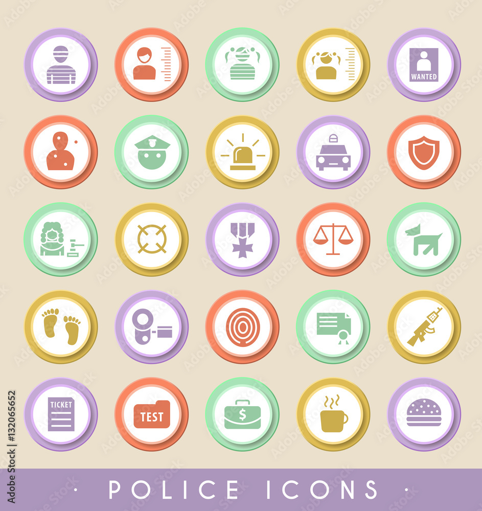 Set of 25 Police Icons on Circular Colored Buttons. Vector Isolated Elements. Set of 25 Police Icons on Circular Colored Buttons. Vector Isolated Elements.