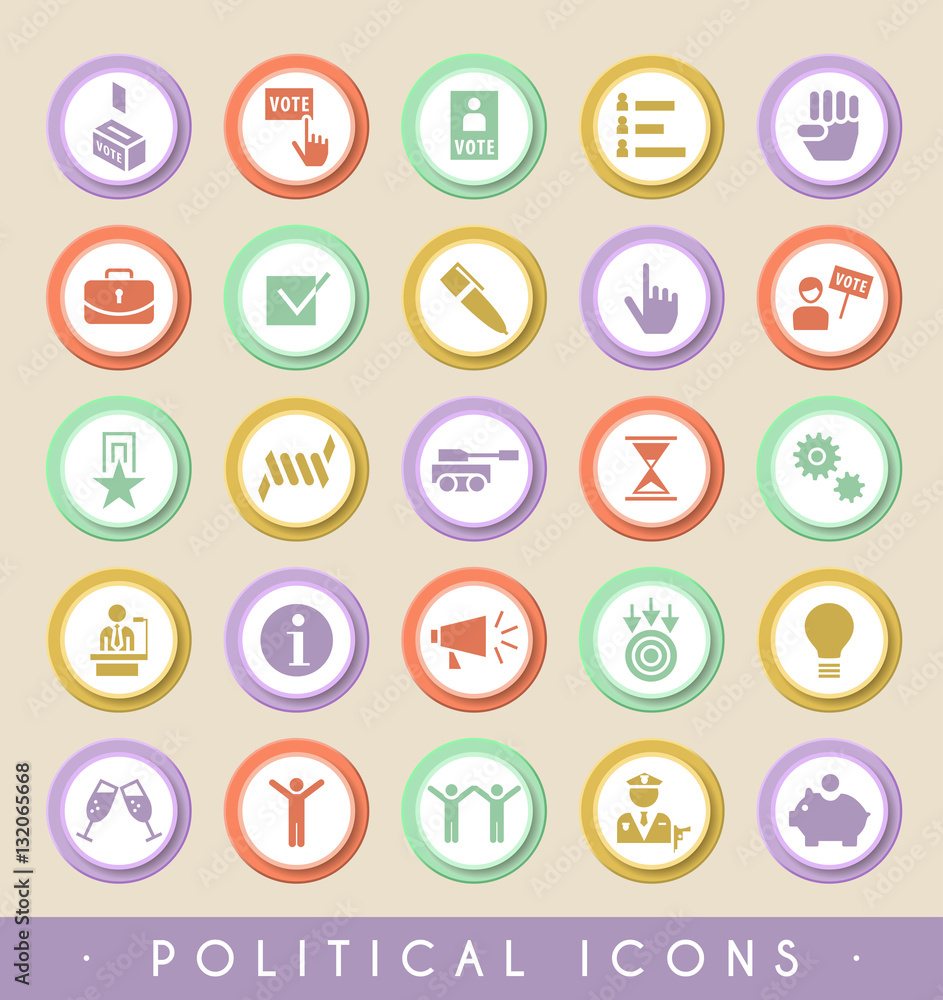 Set of 25 Political Icons on Circular Colored Buttons. Vector Isolated Elements. Set of 25 Political Icons on Circular Colored Buttons. Vector Isolated Elements.