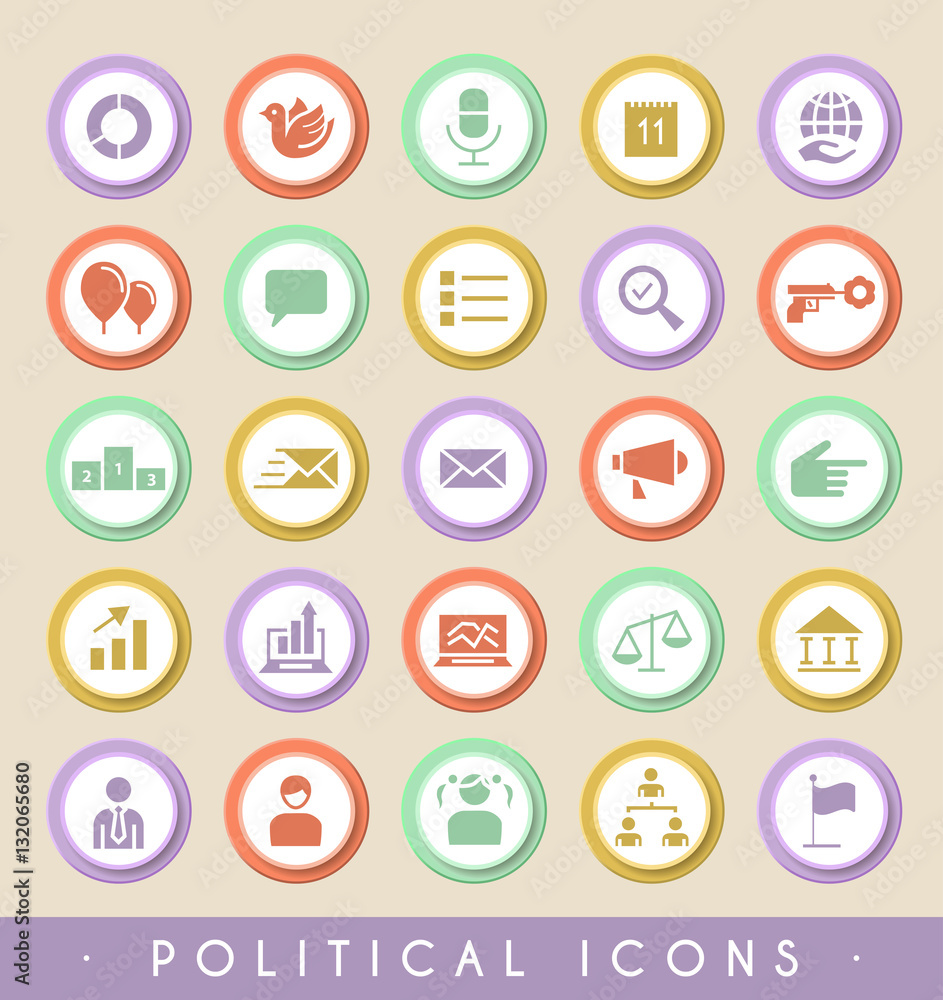 Set of 25 Political Icons on Circular Colored Buttons. Vector Isolated Elements. Set of 25 Political Icons on Circular Colored Buttons. Vector Isolated Elements.