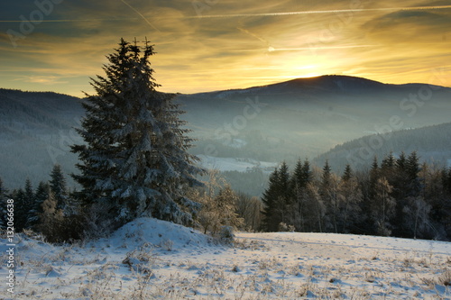 Beautiful sunset in mountain with view on Babia Gora, lesser Poland