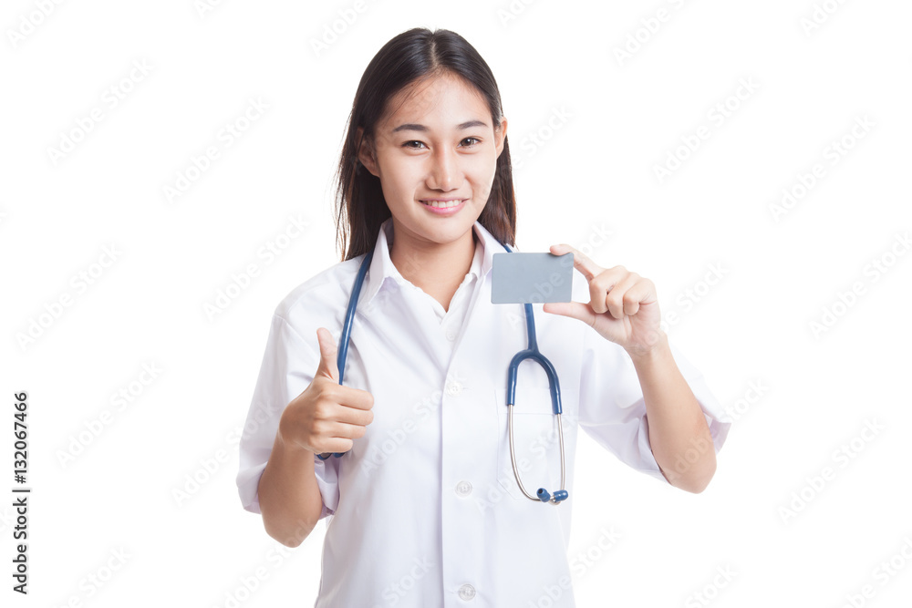 Asian young female doctor show thumbs up with blank card. Asian young female doctor show thumbs up with blank card.