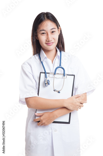 Asian young female doctor hold a clipboard.