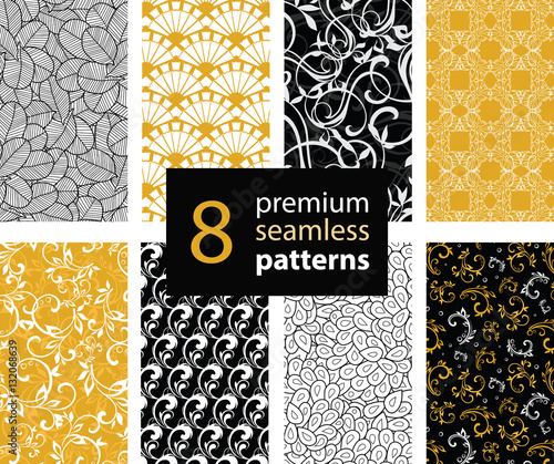Vector Set of Black, White and Gold Yellow Abstract Trendy Seamless Repeat Pa...