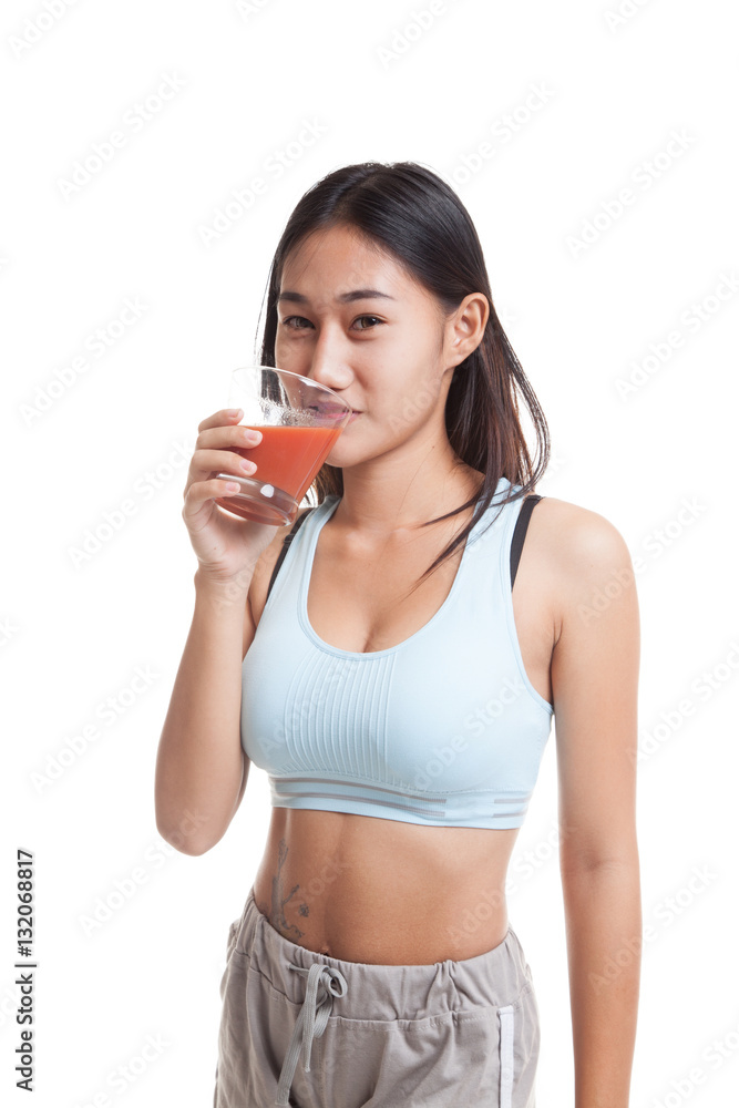 Beautiful healthy Asian girl drink tomato juice. Beautiful healthy Asian girl drink tomato juice.