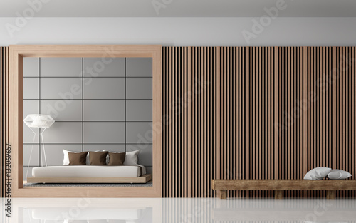 Modern Bedroom interior 3d rendering image View from front of room.There are decorate wall with Wood lattice and empty wall paint with grey colour. There are wood bench in front of room photo