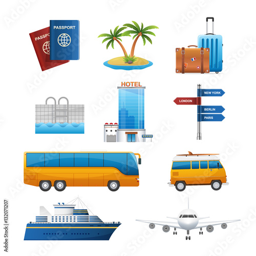 Realistic travel tourism icons set vector