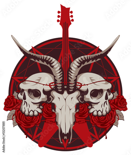 vector illustration with an electric guitar and skull of goat and human with roses