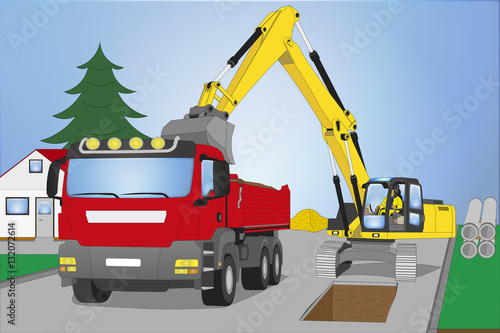 Straßenbaustelle mit LKW und Kettenbagger