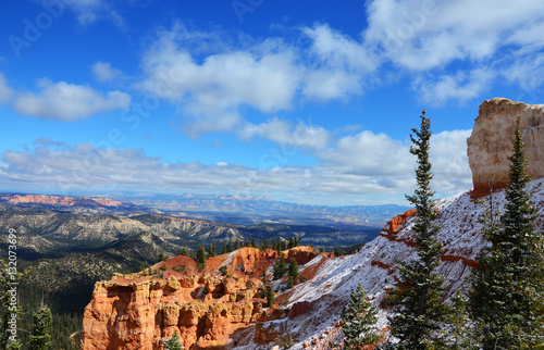 Red Spires in Bryce Canyon Utah, snow covered with forest in background photo