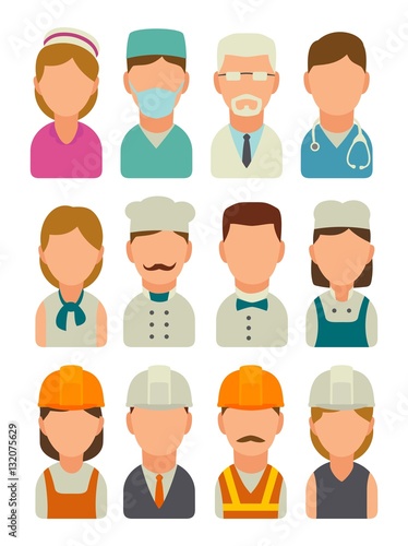 Set icon character cook, builder and medical people. Vector flat illustration